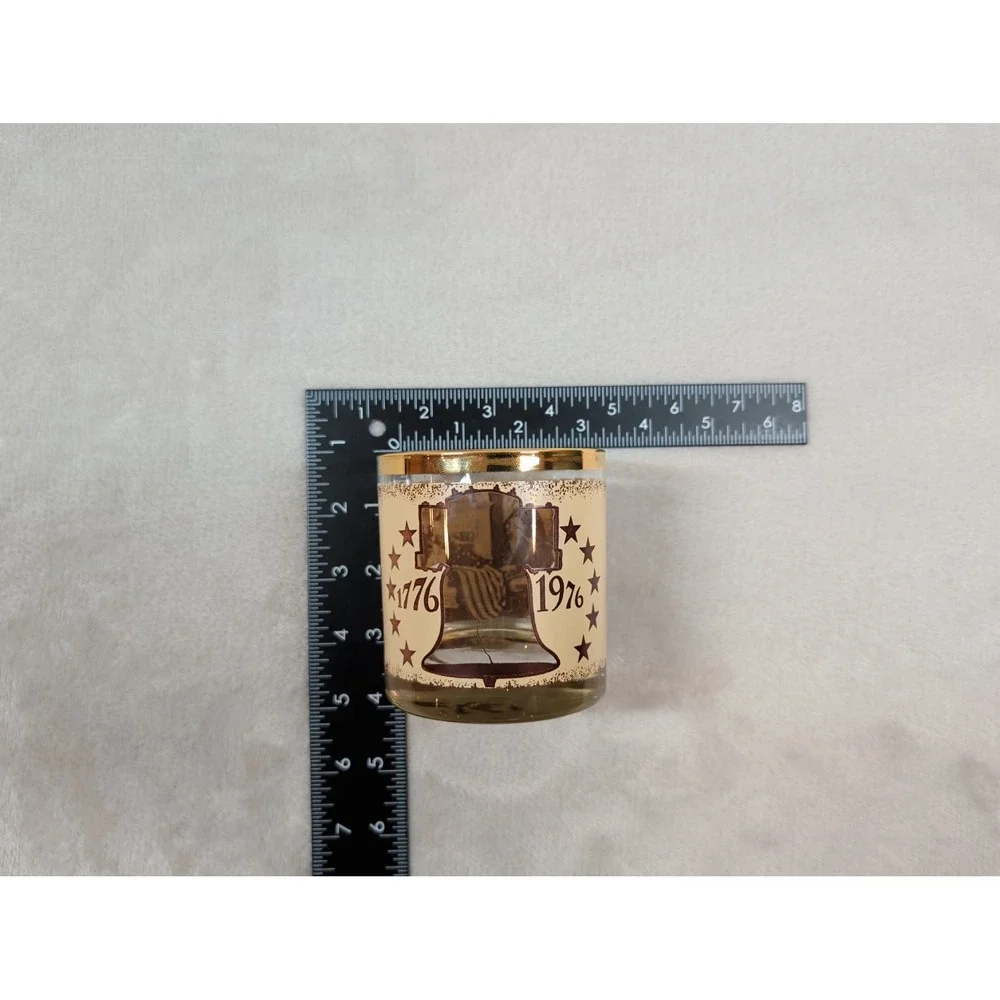 Vintage 1976 Bicentennial Liberty Bell Rocks Glass Gold Rim Whiskey Tumbler